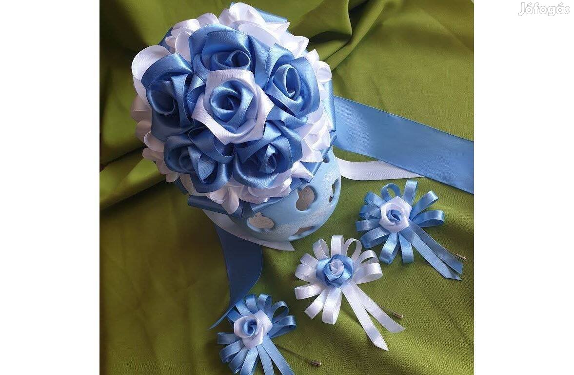 Esküvő MCS13 - Menyasszonyi csokor, 3db vőlegényi kitűző - kék szatén