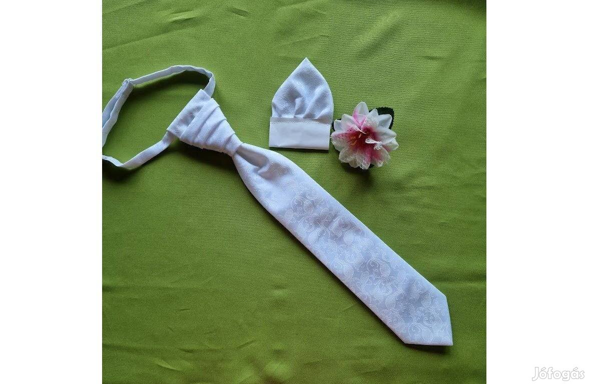 Esküvő Nyd02 - Hófehér színű selyem szatén nyakkendő + díszzsebkendő