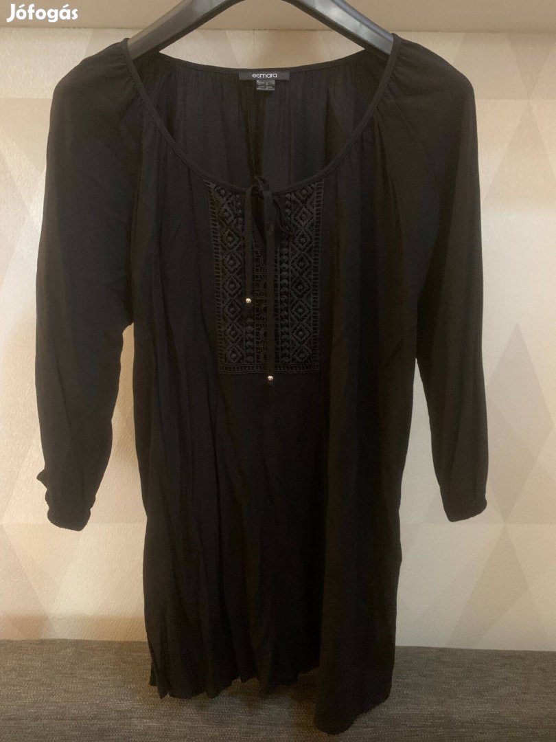 Esmara fekete pamut blúz, tunika, fémvégű megkötős 46-os