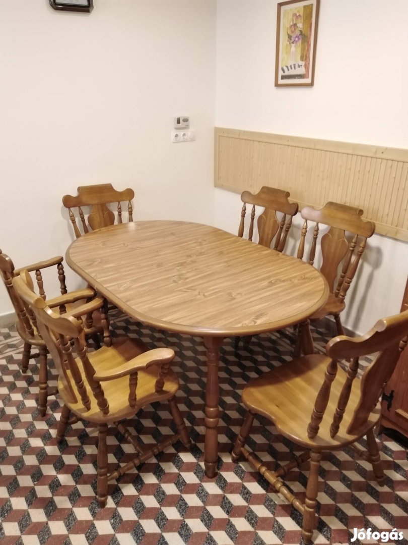 Étkező garnitúra, keményfa asztal, hat szék