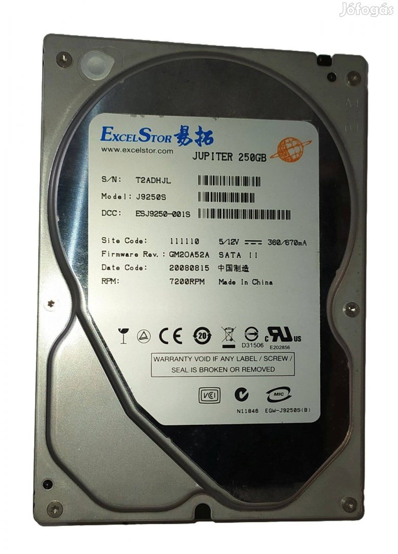 Excelstor 250GB HDD merevlemez SATA 3.5" 100/100 #Hjlb