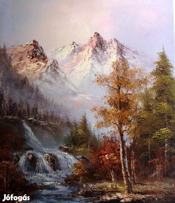 Exkluzív vízesés, hegy, erdő festmény, szign. tájkép, arany keret