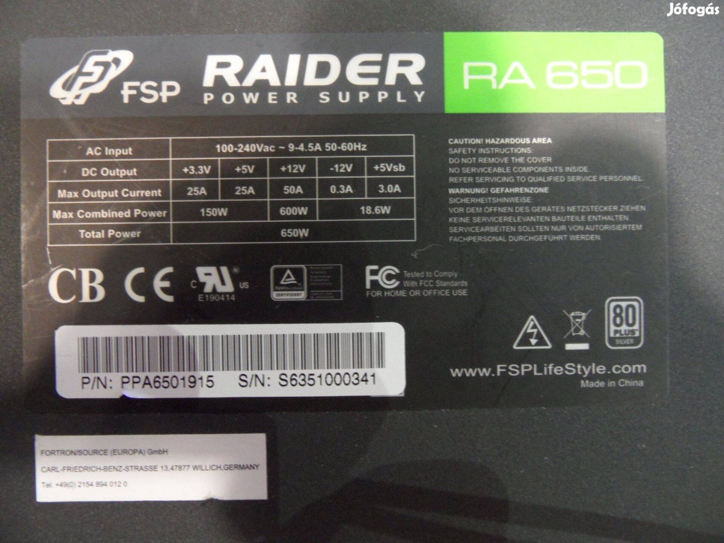 FSP Raider tápegység 650W 80+ Silver hatásfok