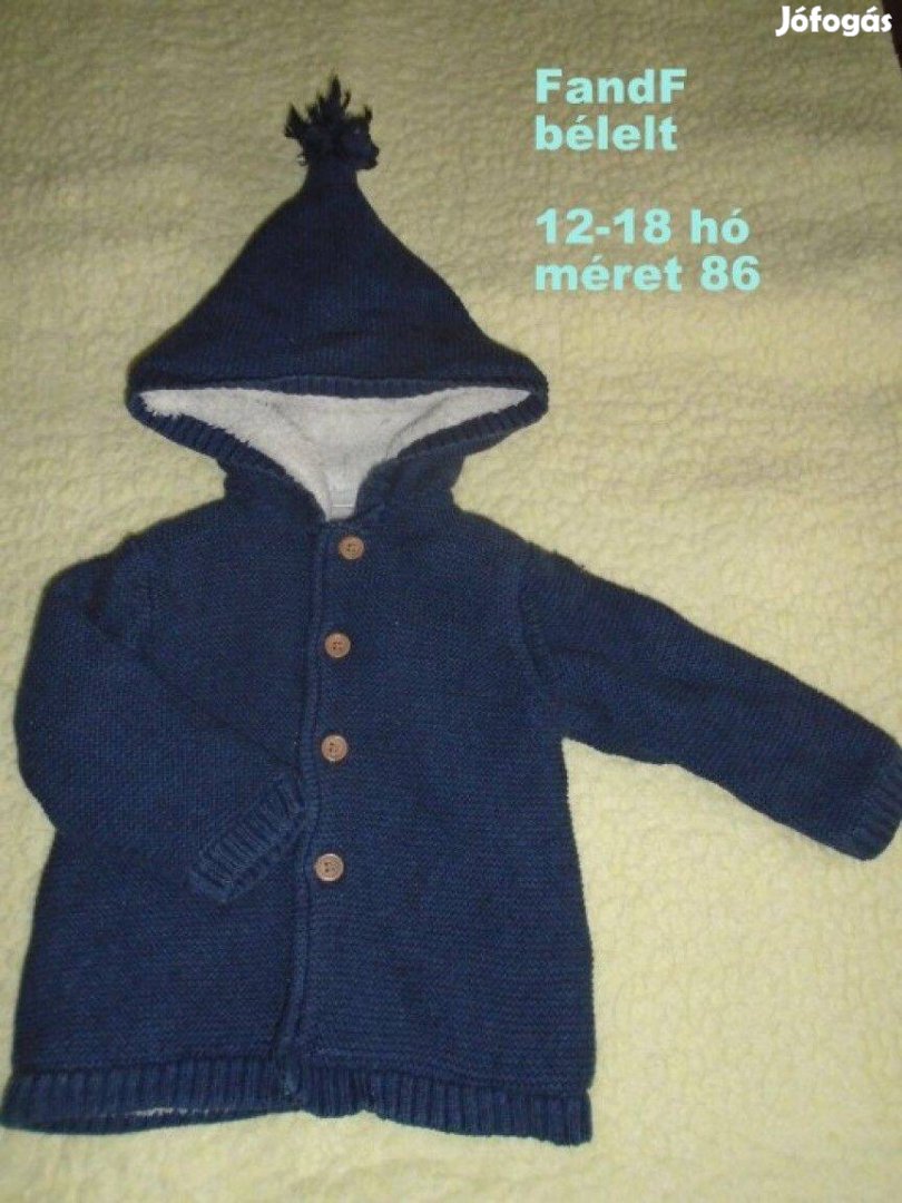 F&F kék kapucnis pulóver kardigán 12-18 hó (méret 86)