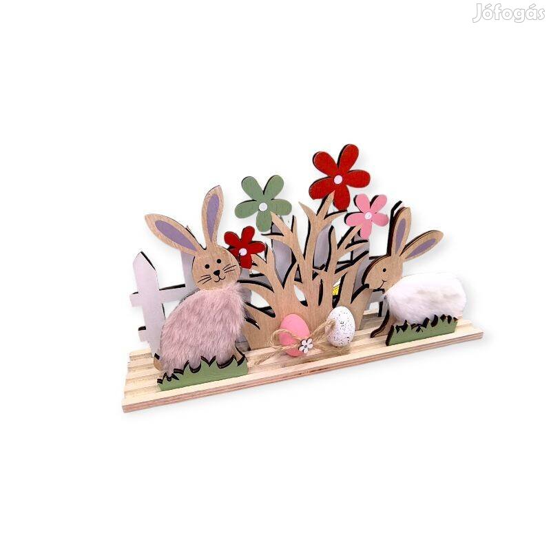 Fa húsvéti asztaldísz nyuszikkal és kerítéssel 18x5x11 cm