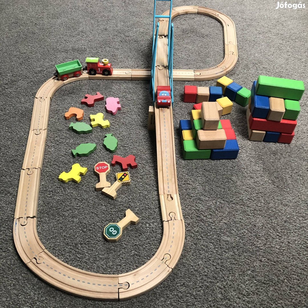 Fa vonat, sín, építő kocka, pálya, járművek