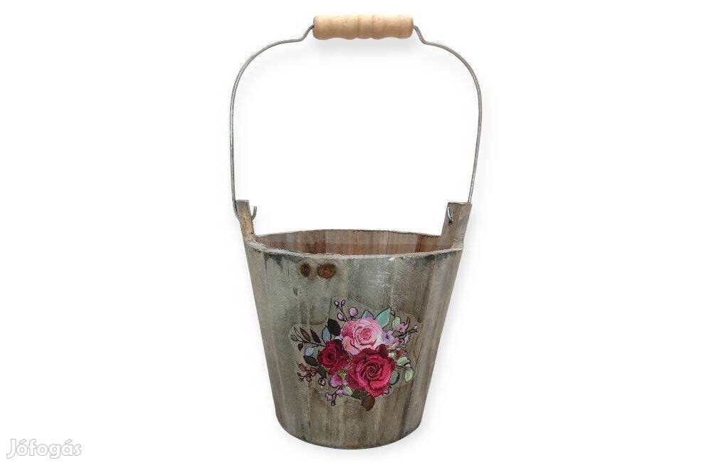 Fából készült edény fém nyéllel rózsamintával 18,5x18x15,5cm