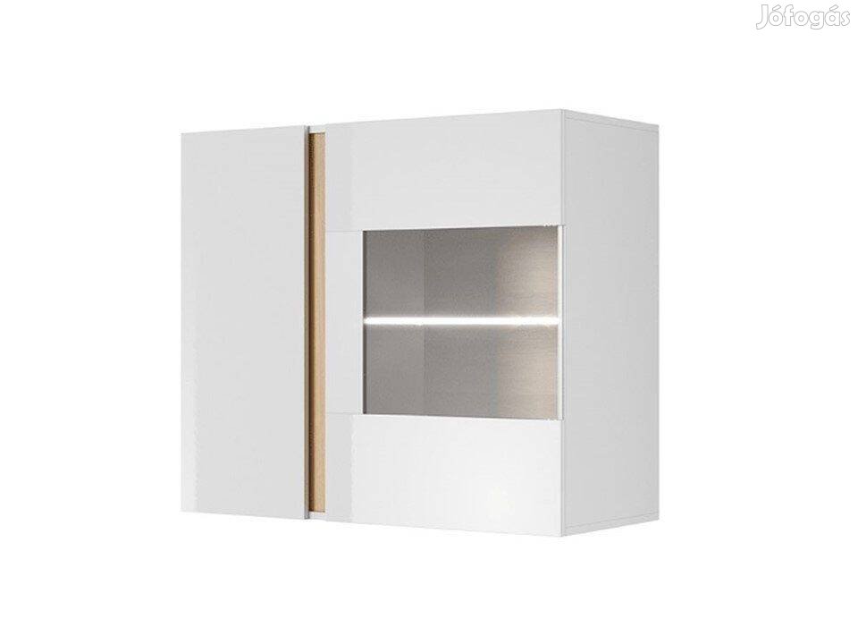 Fali vitrines szekrény Magasfébyű fehér/Tölgy színben Modern stílusban