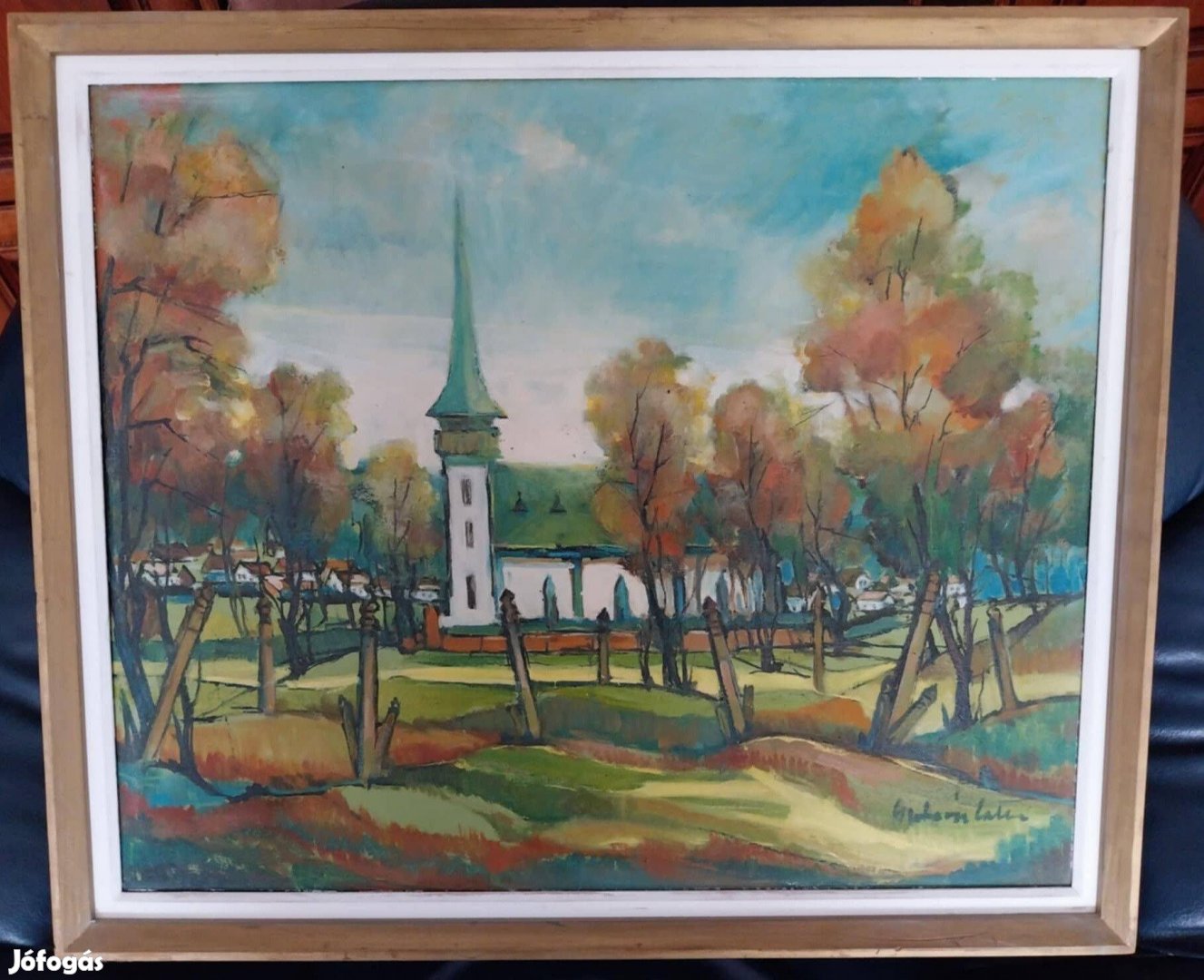 Falusi templom vászon olajkép