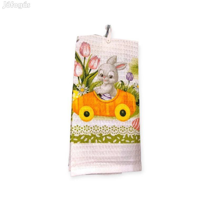 Fehér pamut húsvéti konyharuha nyúl autóban mintával 60x35