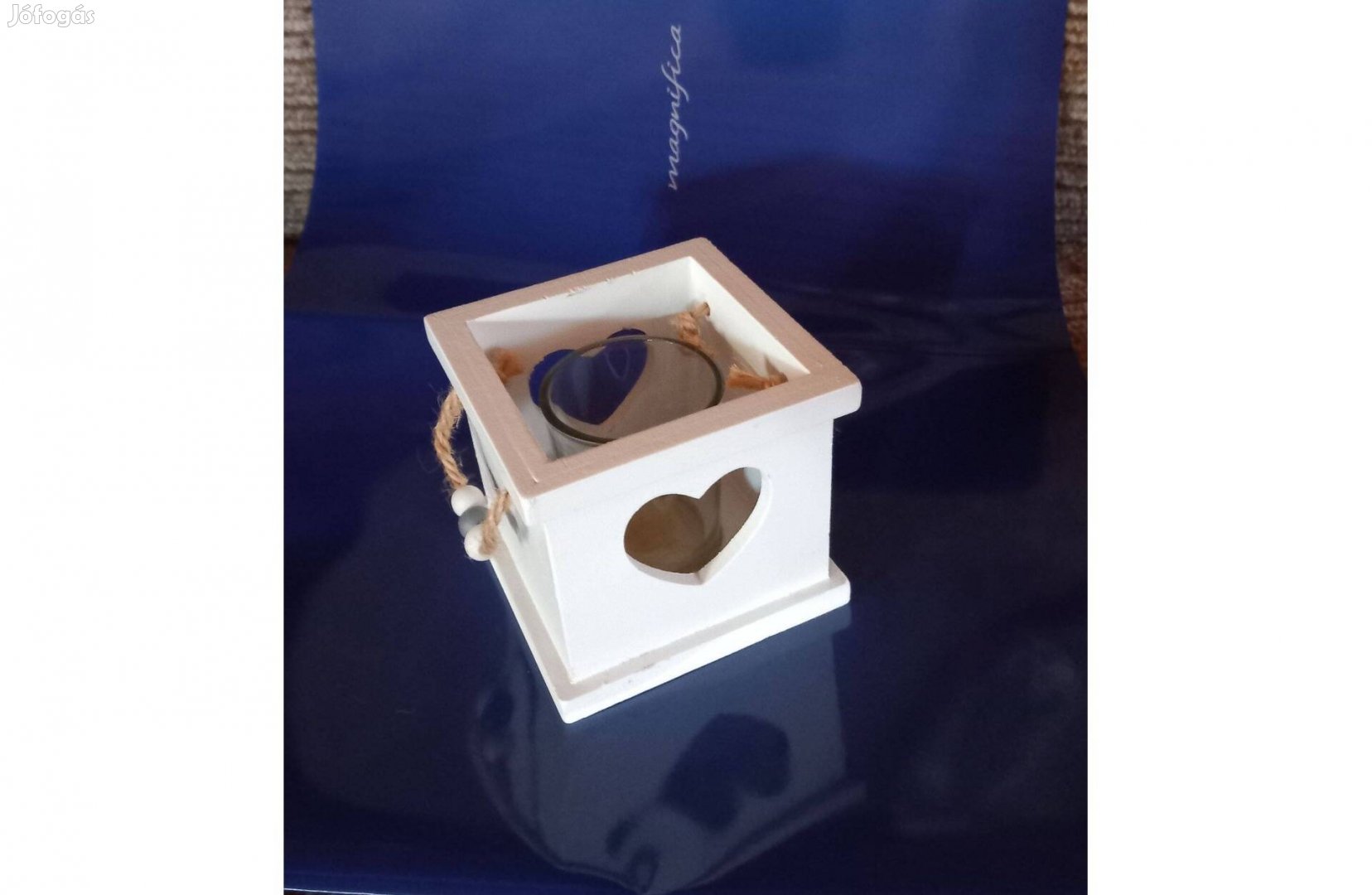 Fehér szív mécsestartó fa és üveg 9 x 8 cm - Új