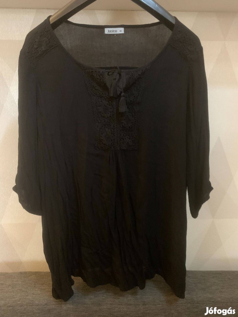 Fekete bojtos megkötős Jamina blúz, tunika, gyűrt anyag 46