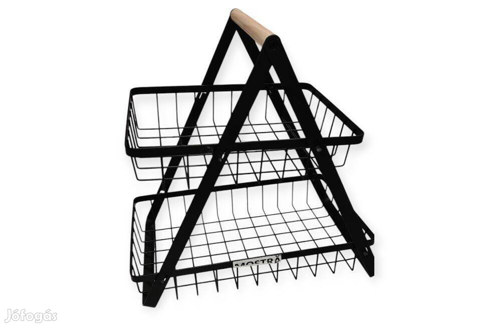 Fekete fém polc 2 szinttel és fa fogantyúval 30x18x32 cm