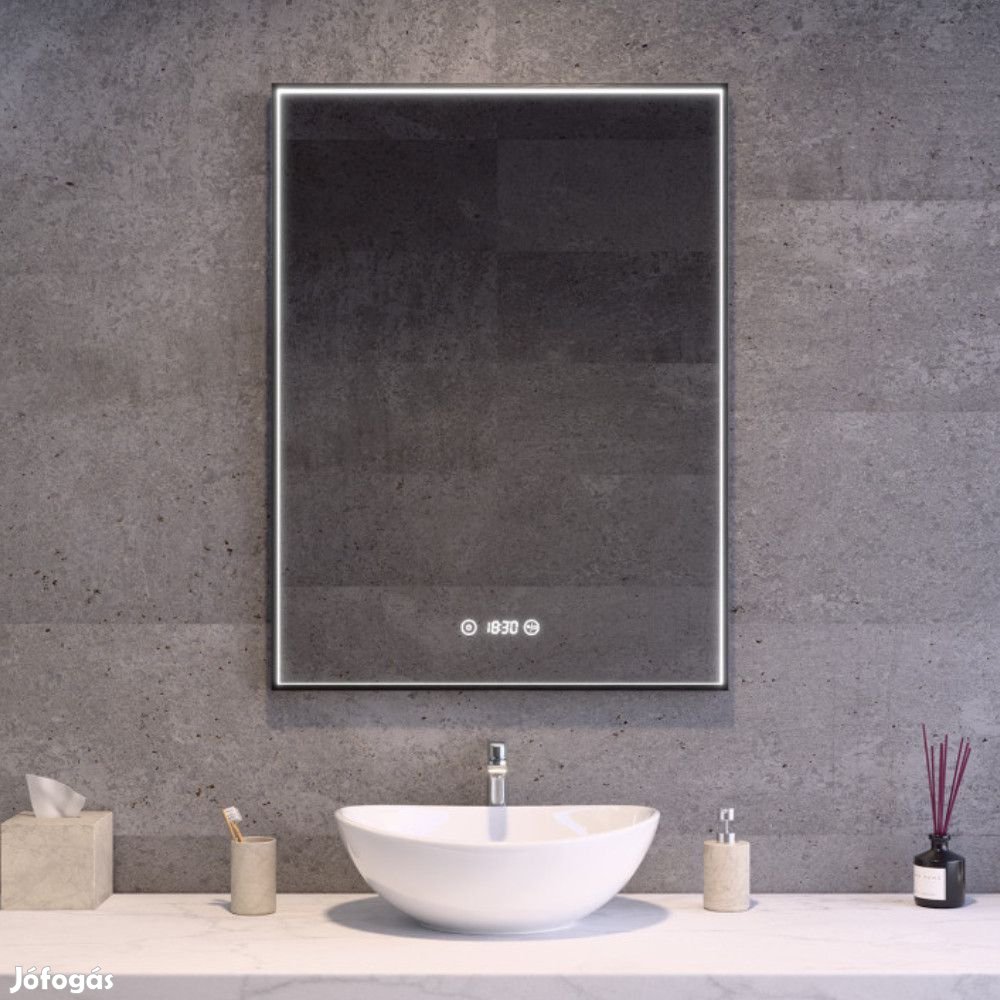 Fekete keretes LED tükör 60x80cm | Páramentesítő - Óra - Fényerő + sz