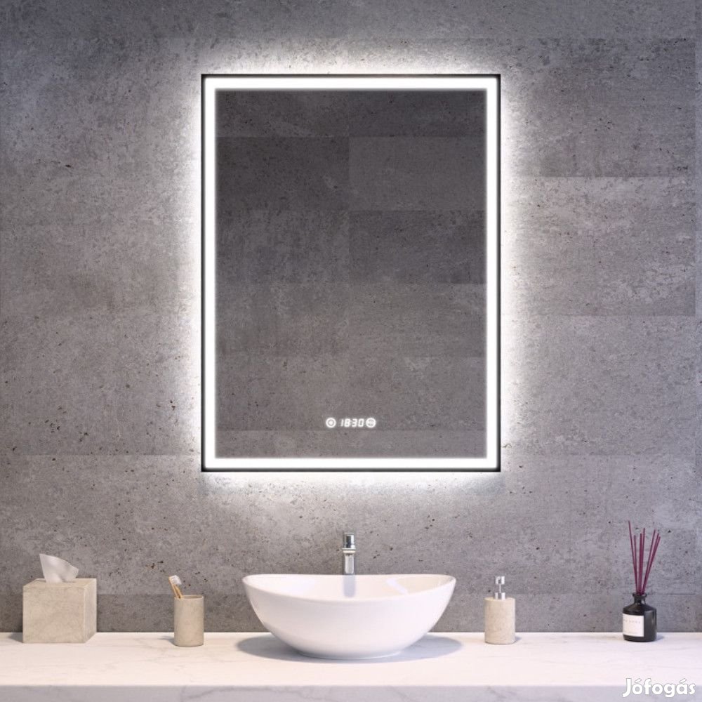 Fekete keretes Loft stílusú LED tükör 60x80cm | Páramentesítő - Óra -