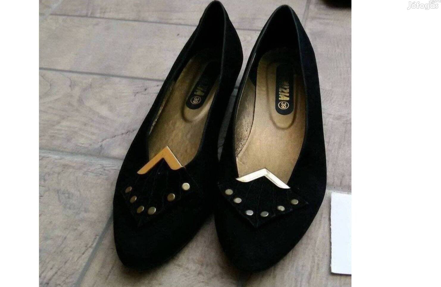 Fekete velúr balerina 37,5 alkalmi kopogós sarokkal