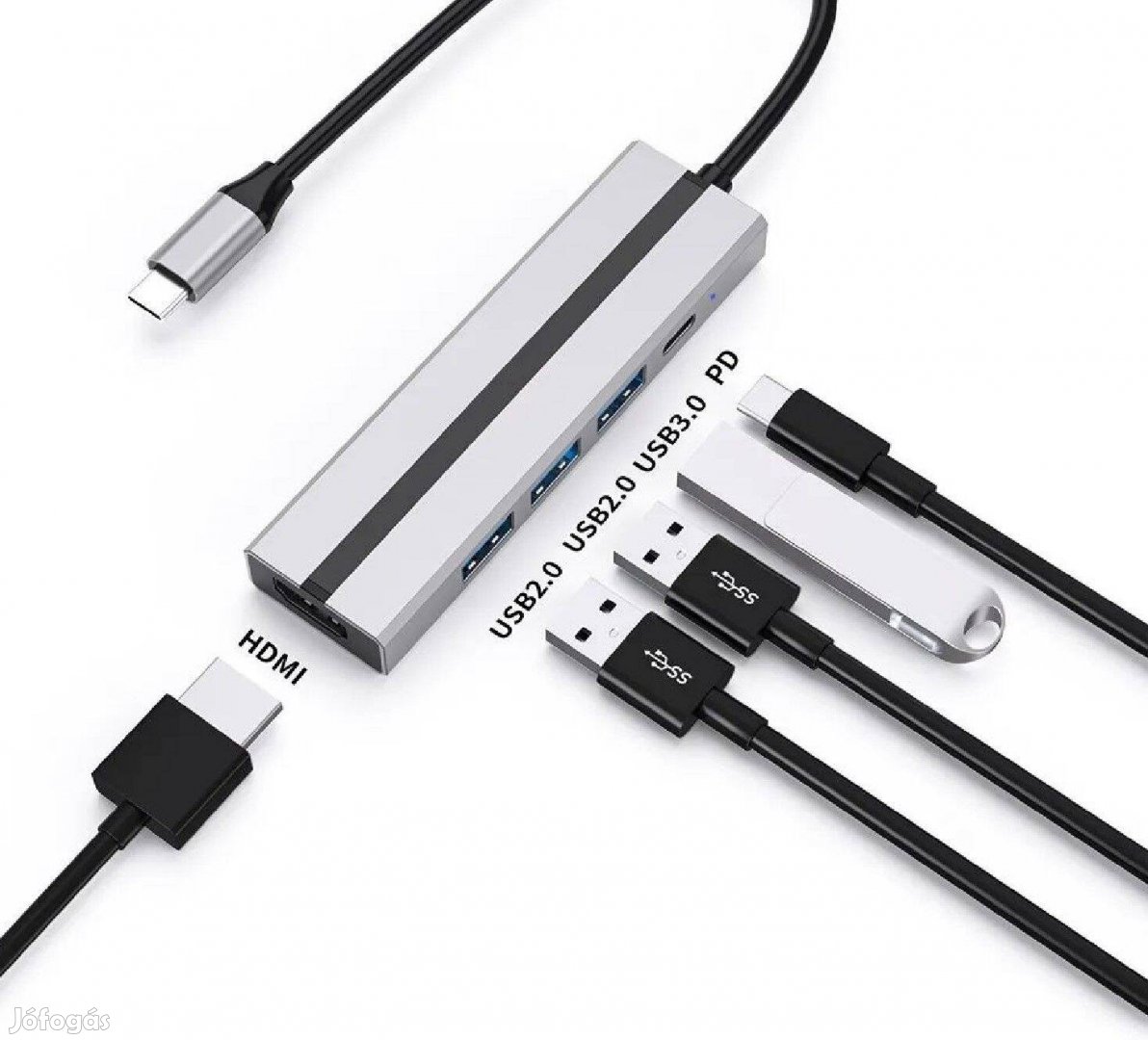 Fém USB C HUB (4k HDMI, USB 3.0/2.0, 100W PD USB-C)