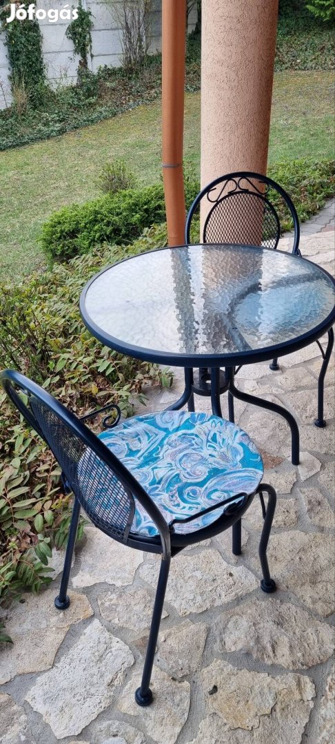 Fém balkon, erkély szett üveglapos asztal 2 szék garnitúra