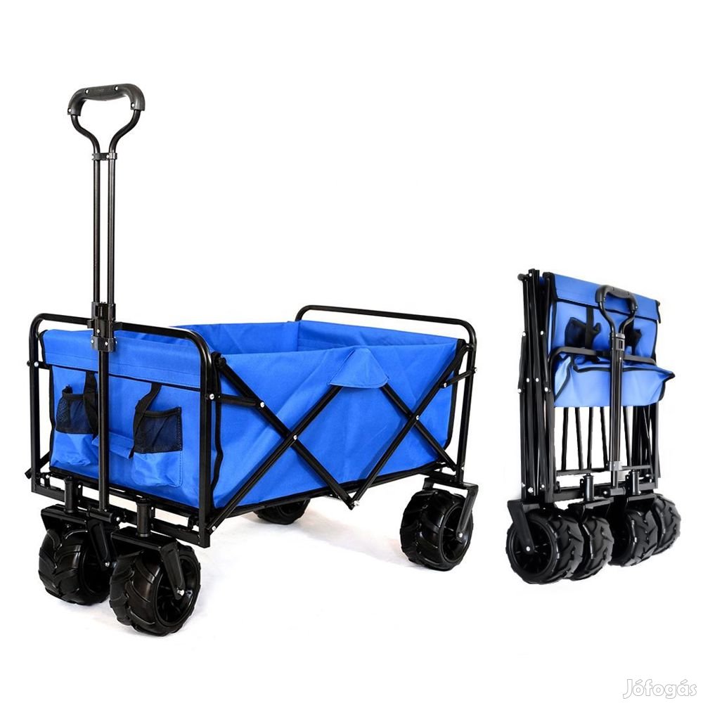 Fém kézikocsi, összecsukható kerti kocsi ponyvával, kék, max. 70kg