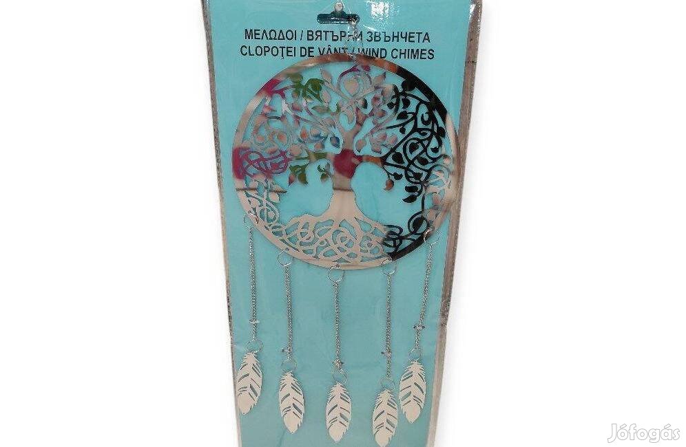 Fém szélcsengő életfával ezüst dekoráció természetes