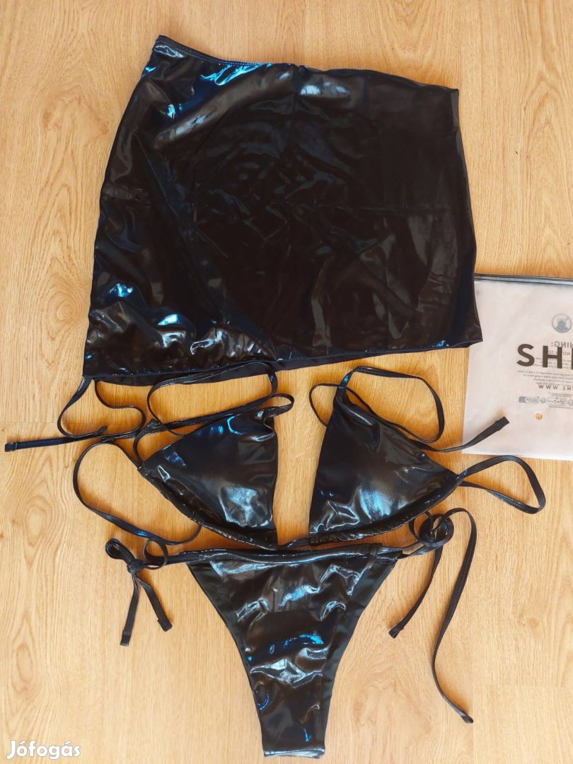 Fényes fekete bikini fürdőruha strandszoknyával L-es új