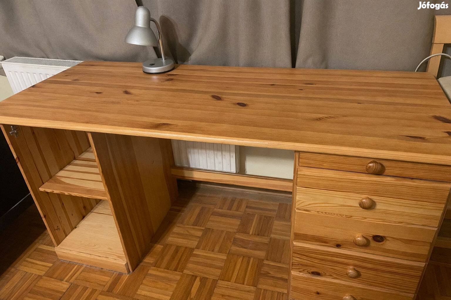 Fenyő íróasztal 145x63 cm 5 fiókos, polcos, nagy méret