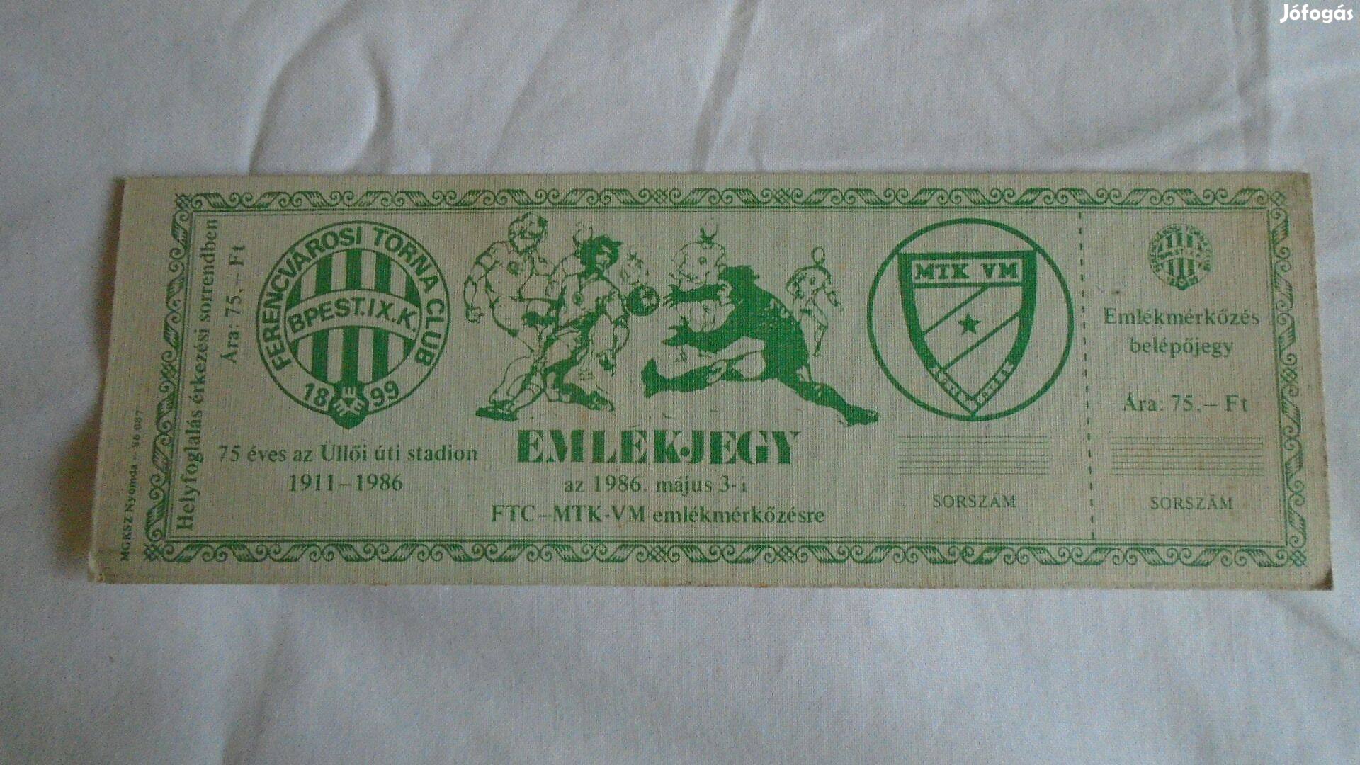 Ferencváros Emlékjegy - 1986.május 3-i FTC-MTK-VM mérkőzésre