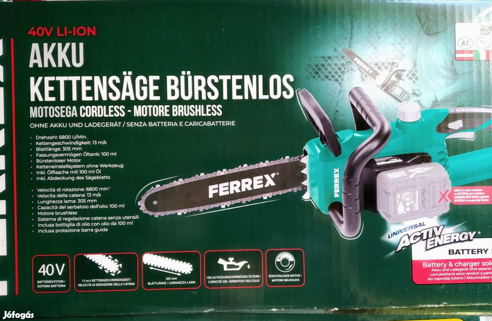 Ferrex Solo 40V akkus, akkumulátoros láncfűrész,