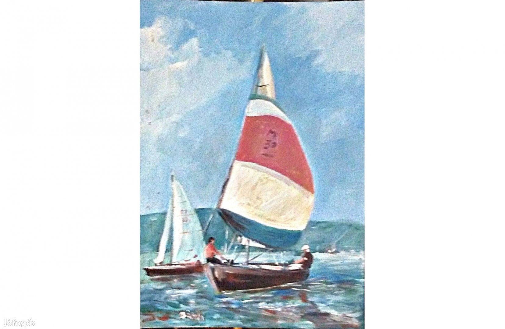 Festmény (02/17) = Bánfi : Balaton, vitorlás ( olaj, karton, 35x50 cm)
