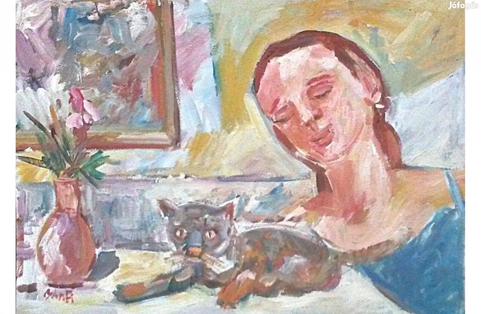 Festmény = Bánfi : Nő macskával (olaj, karton, 50 x 35 cm)
