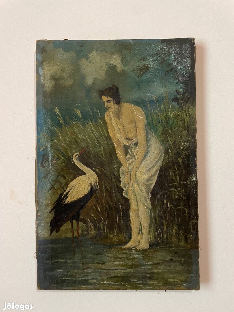 Festmény eladó beszélő hölgy gólyával