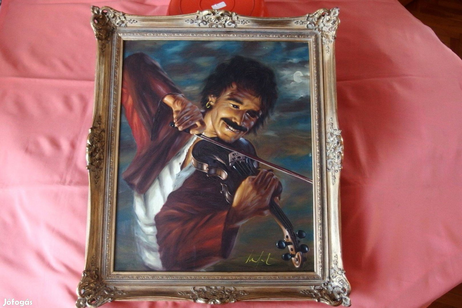 Festmény hegedűművész prímás hegedű művész Merfort régi antik olaj kép
