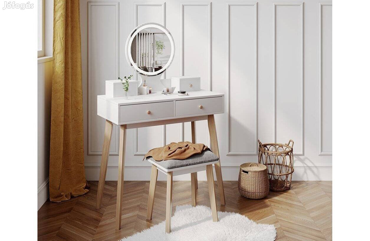 Fésülködőasztal székkel, led tükörrel, fehér, 80 cm,Vicco Finya ,Új