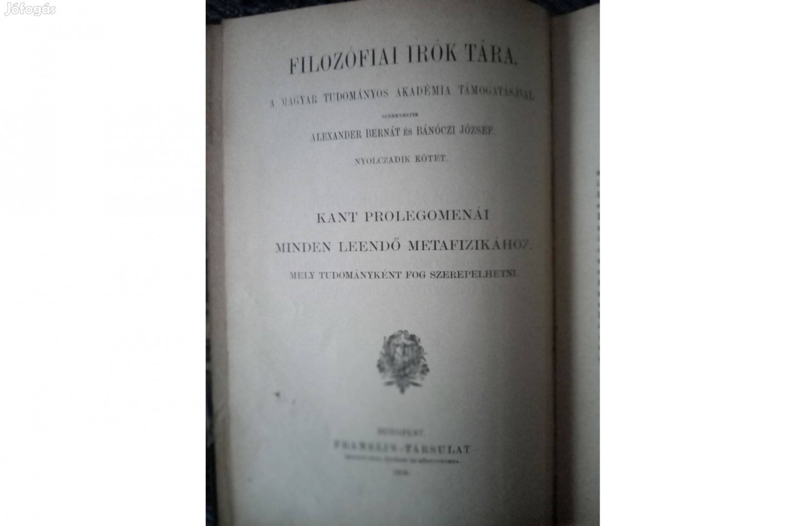 Filozófiai írók tára: Kant prolegomenái című könyv eladó