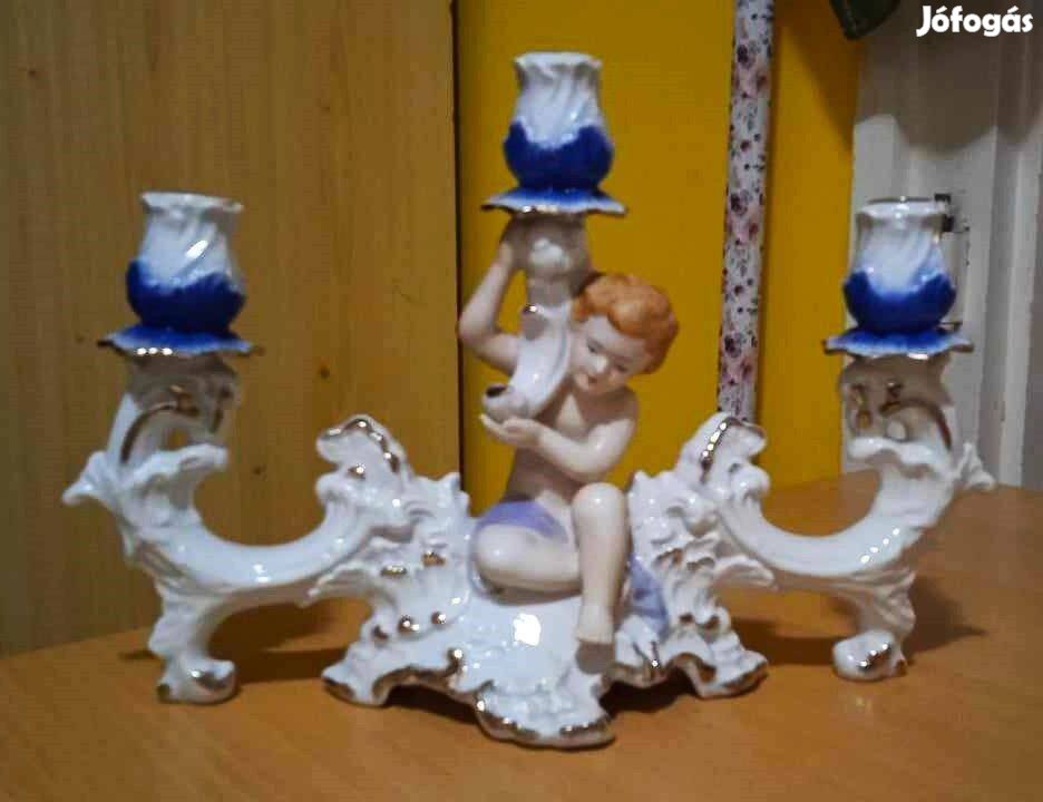 Finom porcelán gyertyatartó puttóval, 3 ágú