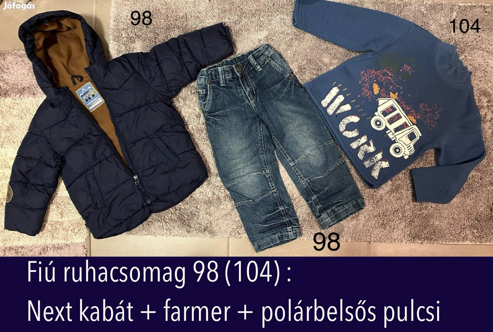 Fiú téli ruhacsomag 98 (104); kabát, bélelt farmernadrág, polár pulcsi