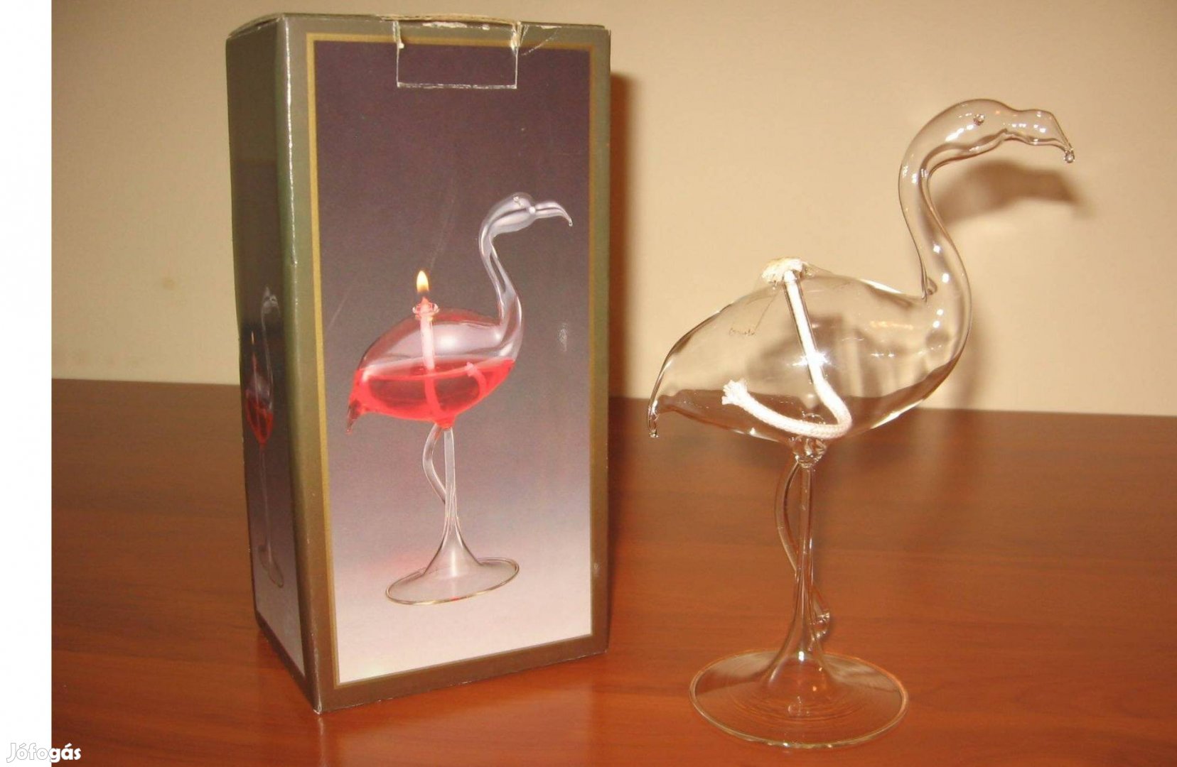 Flamingó alakú, kézműves, filigrán üveg olajlámpa