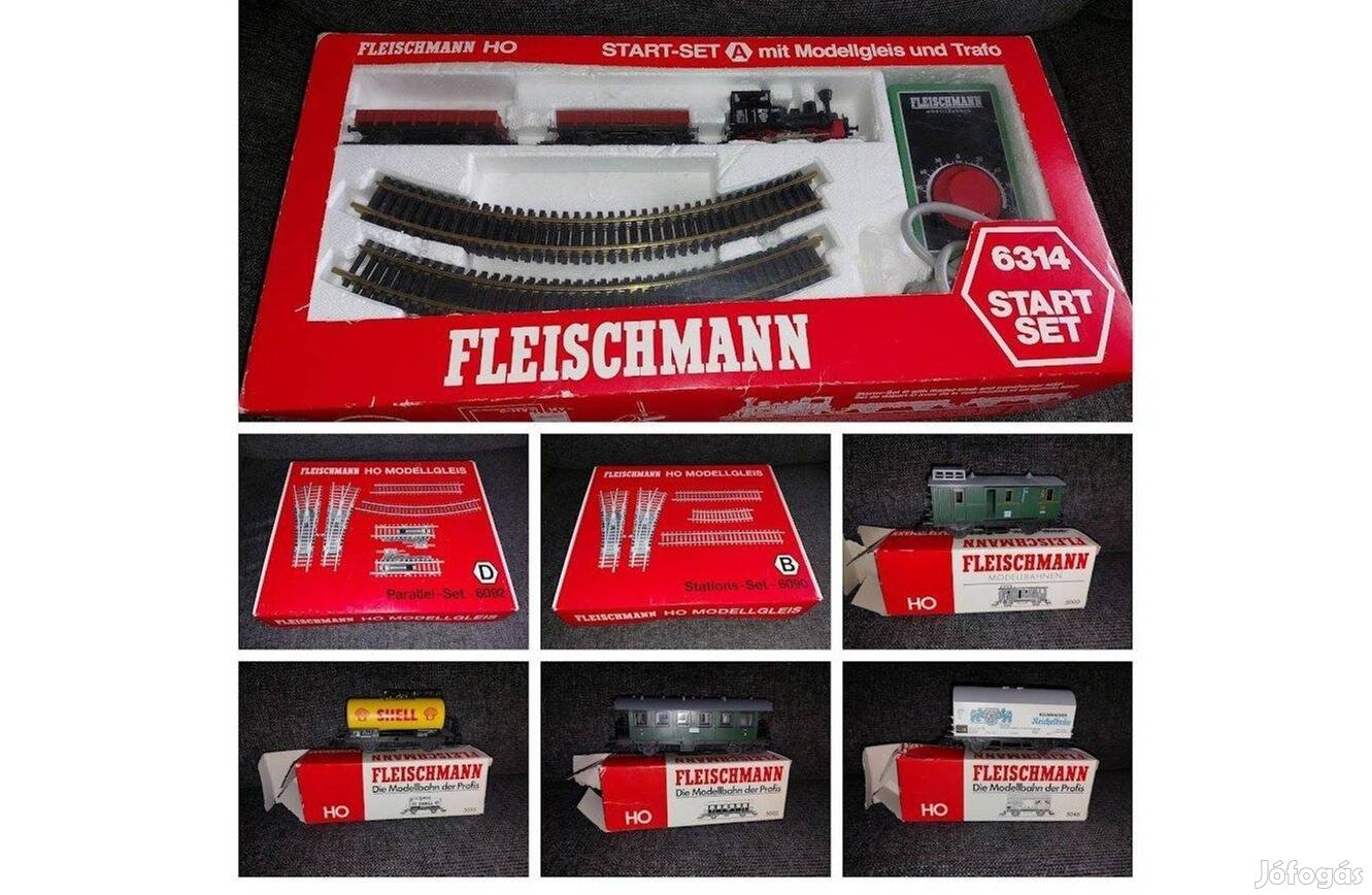 Fleischmann 6314 kezdőszett, 6090+6092 sínkészletek + 4 db vagon + áll