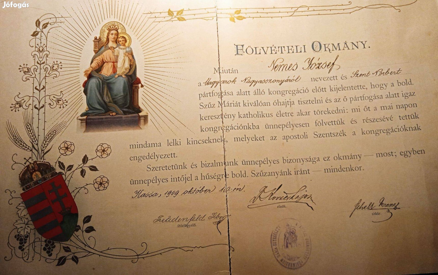 Fölvételi oklevél vallási diploma 1909-ből katolikus iratrégiség