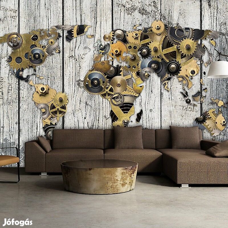 Fotótapéta - Mechanika mintás világtérkép fa háttérrel