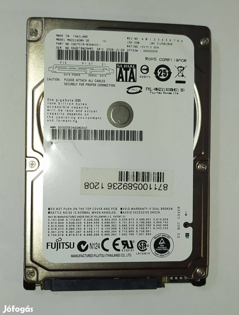 Fujitsu 160GB laptop / notebook HDD merevlemez SATA 2.5" 100/100 #94R5