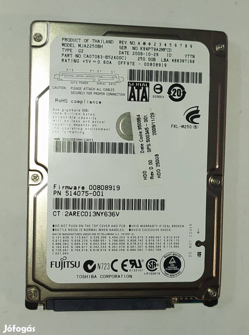 Fujitsu 250GB laptop / notebook HDD merevlemez SATA 2.5" 100/100 #Mfcd