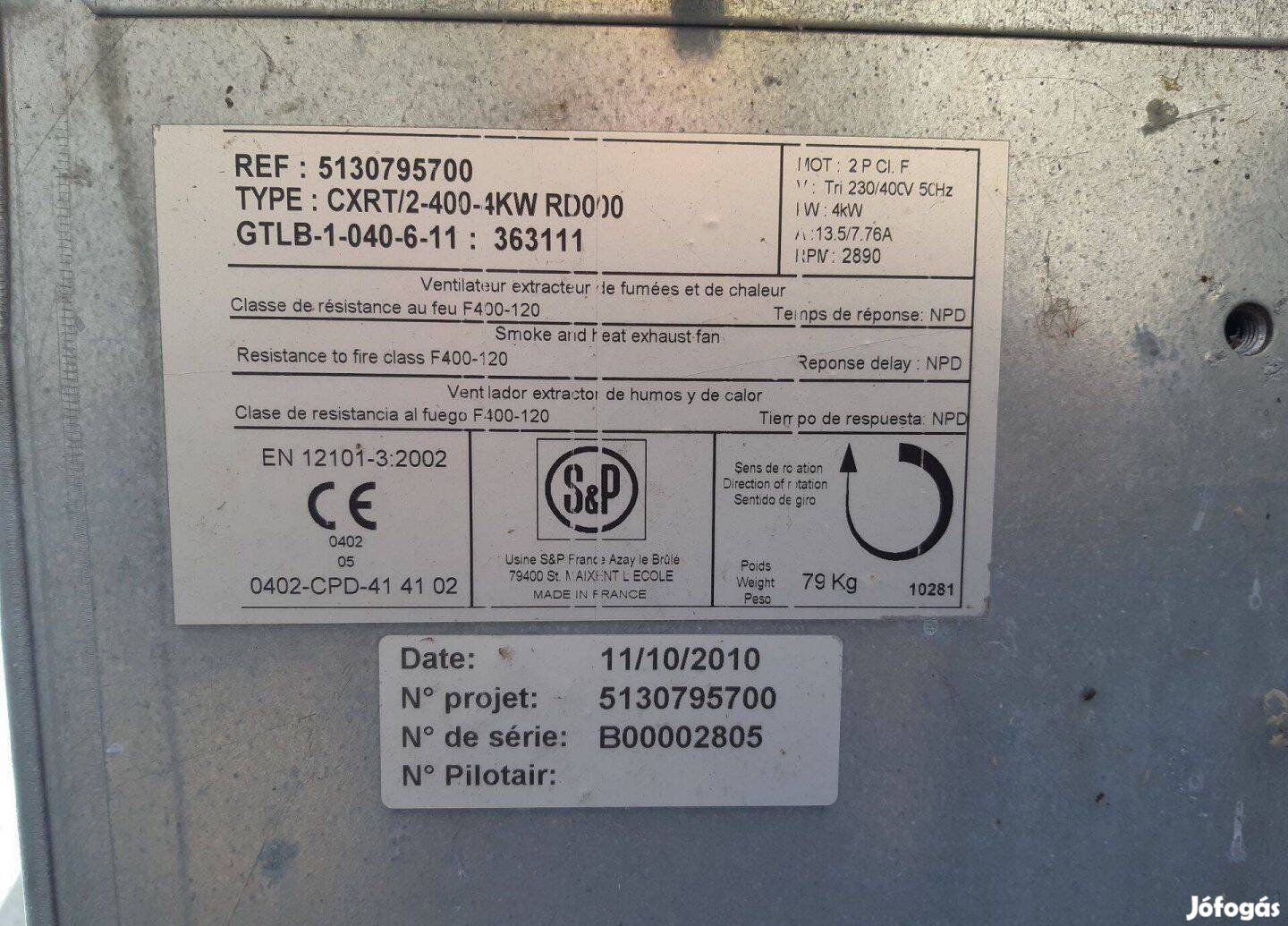 Füst- és hőelszívó ventilátor 4 kW, EN 12101-3