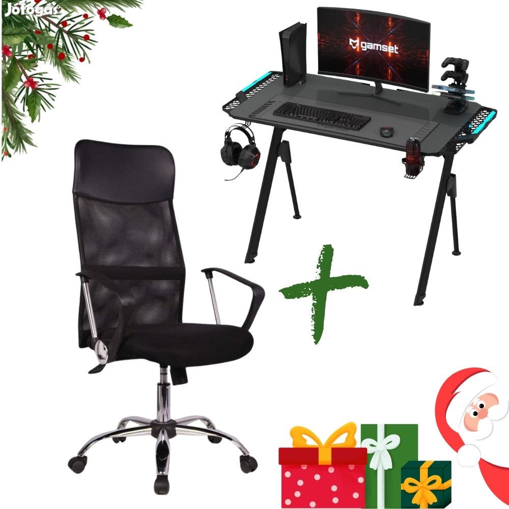 Gamer asztal LED világítással 116cm + Fekete forgószék INGYEN SZÁLLÍT