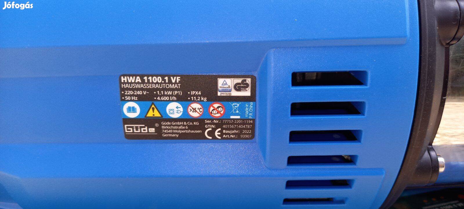 Garanciális, 1100W vízszivattyú, beépített szűrővel nyomáskapcsolóval
