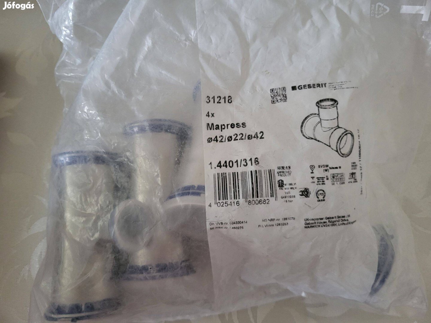 Geberit Mapress inox 31218 T-idom 42x22x42 - 4db, új