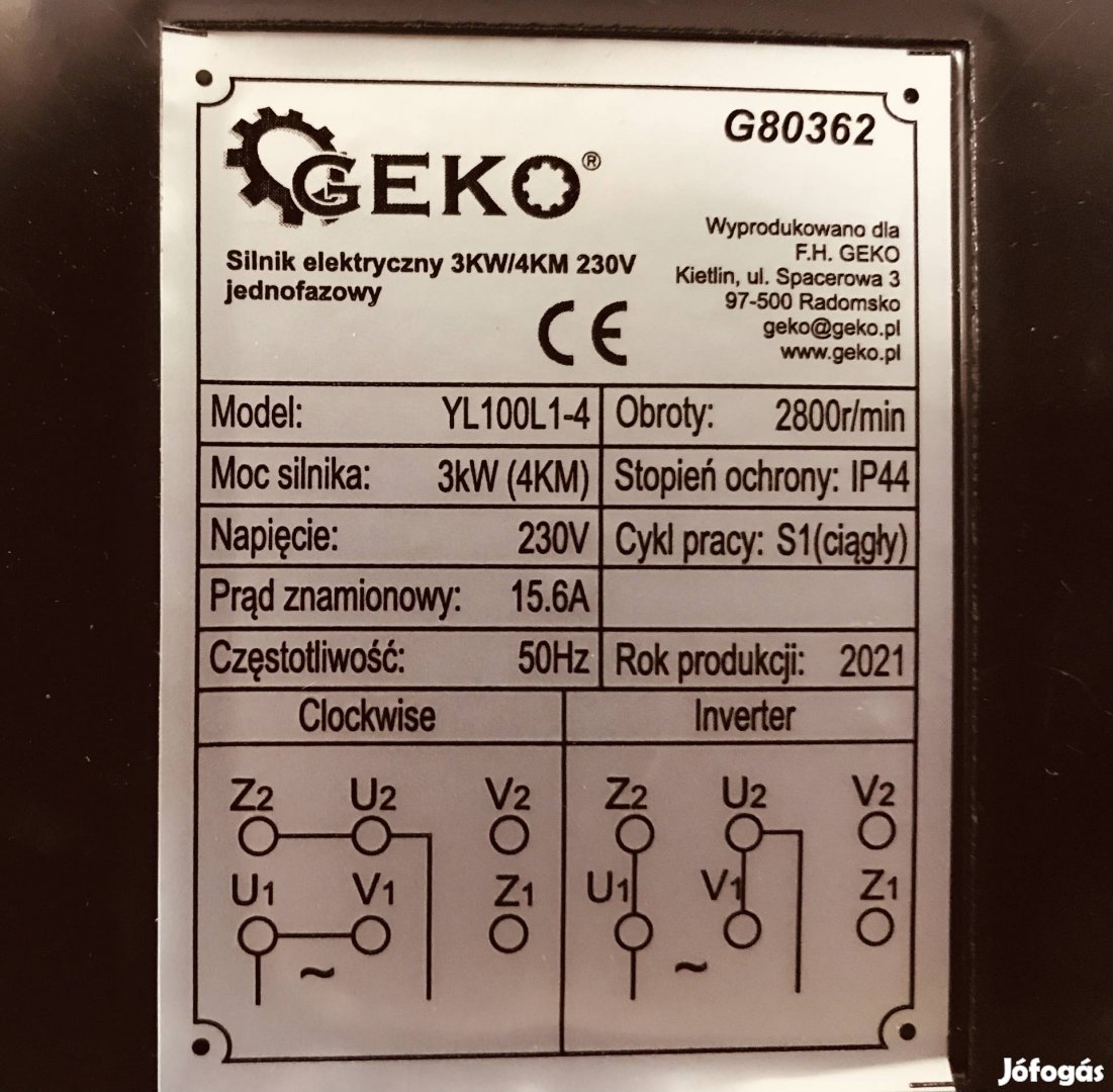 Geko 3000W Új Egyfázisú Villanymotor 2800/perc 3,0kW 230V