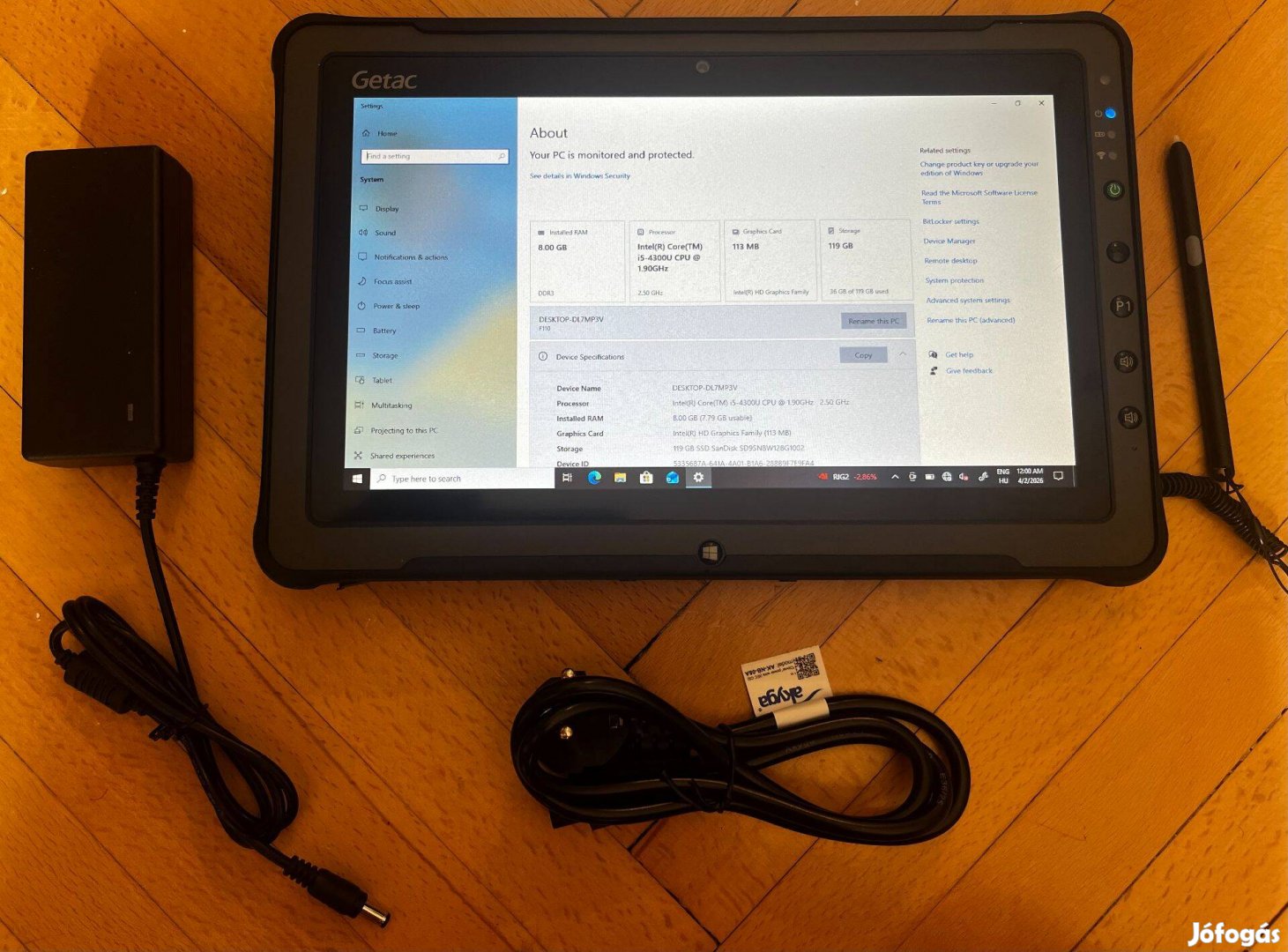 Getac F110 Rugged 11 ütésálló műhely tablet i5 8GB SSD