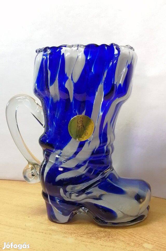 Glashütte Mundgeblasen csizma forma fúvott váza kék-fehér márványos mi