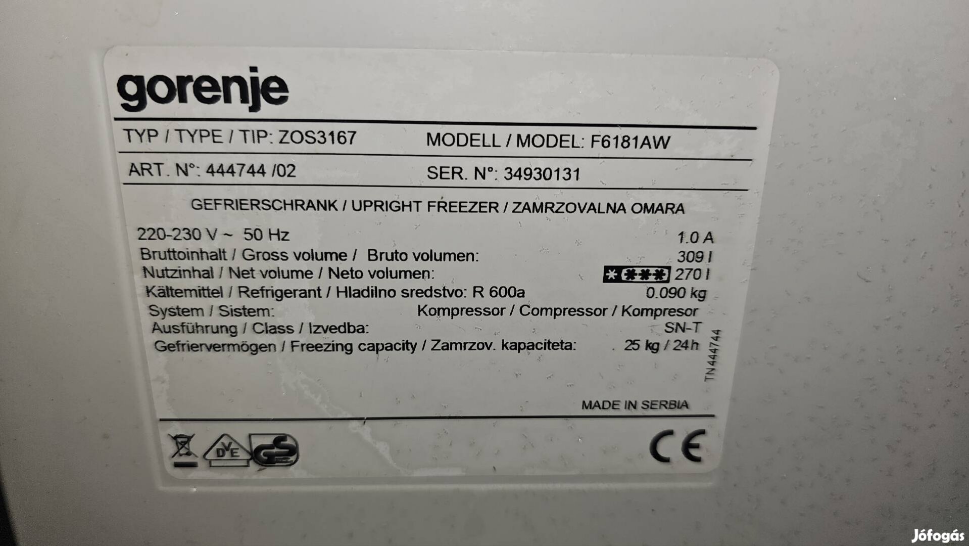Gorenje 300 literes fagyasztószekrény garanciával szállítás
